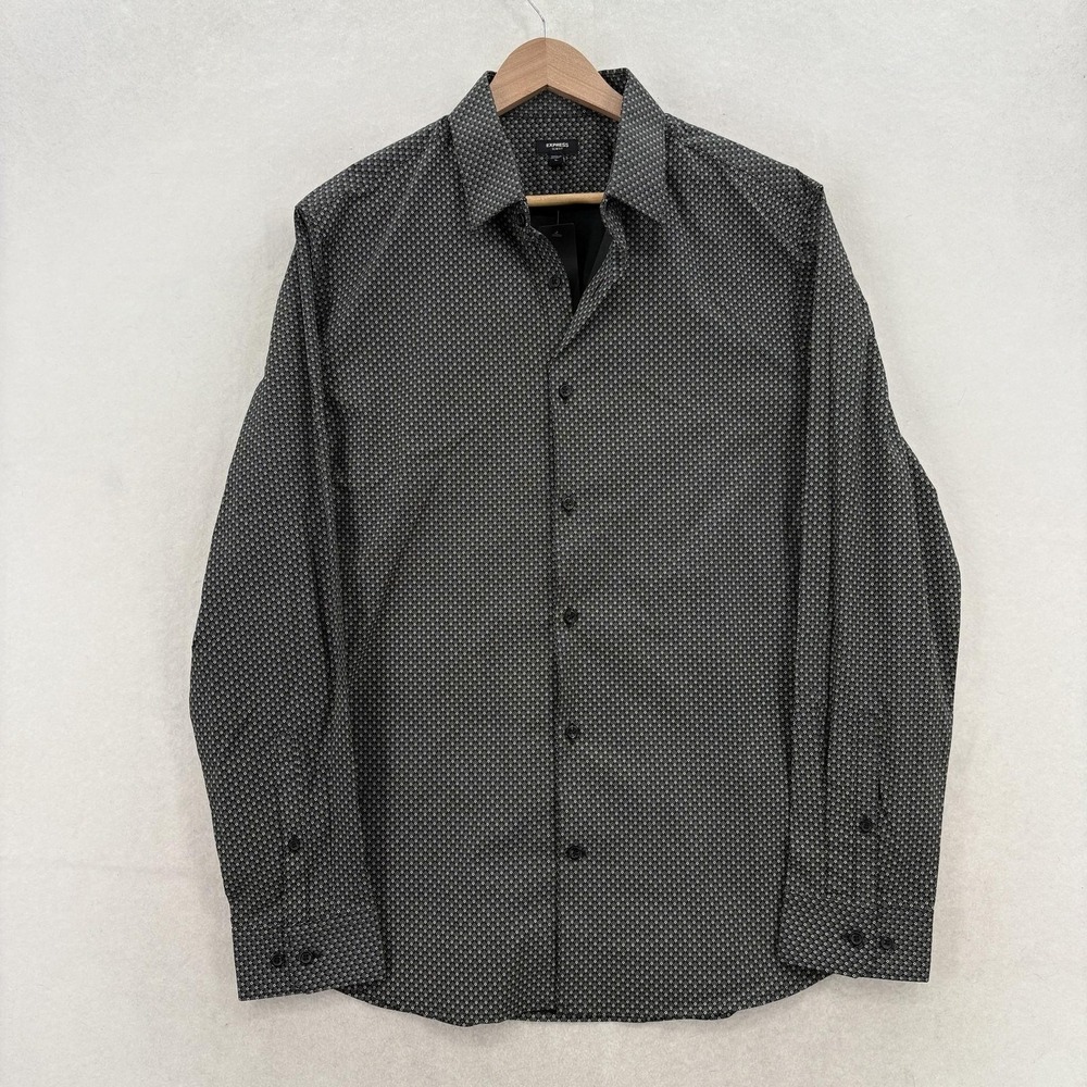 Express Shirt Mens Large Black Grey Slim Fit Geo Print Stretch Dress Button Down